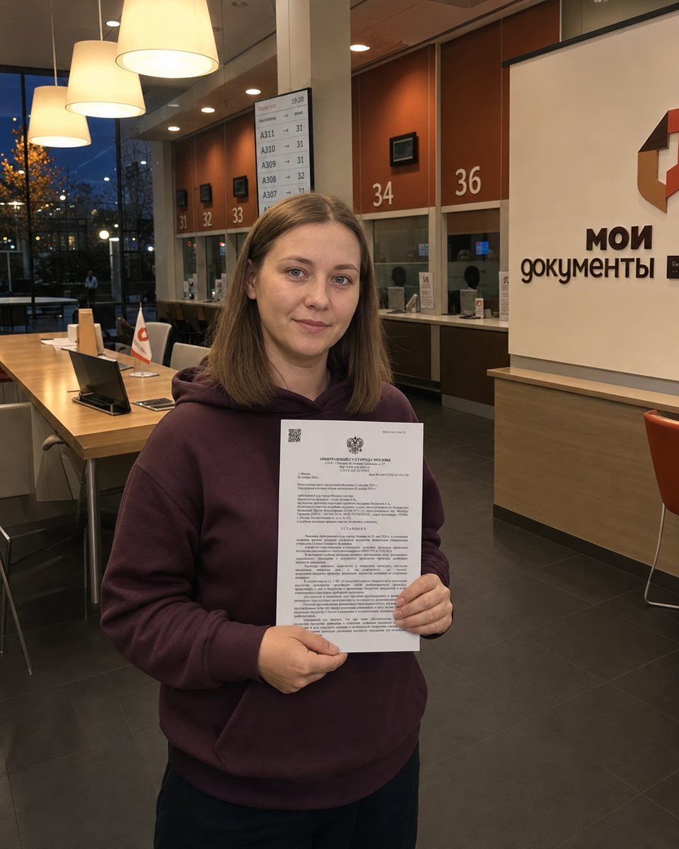 Клиентка с документами после юридической процедуры